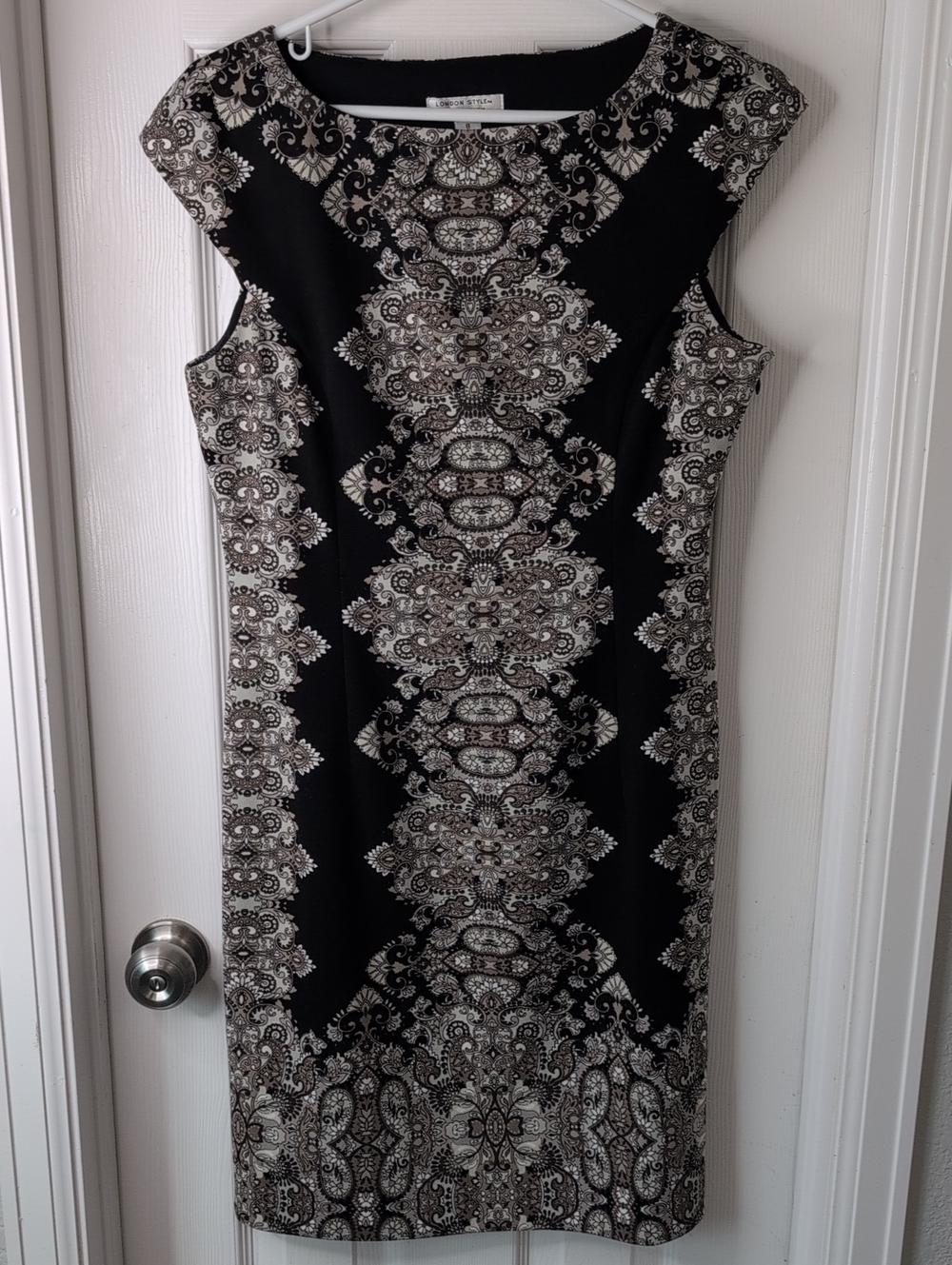 London Style Black Dress with Cream Medallion Print Size 8